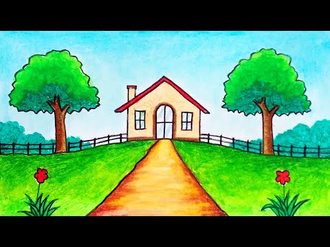 How to Draw Beautiful House and Garden | Easy Scenery Drawing
