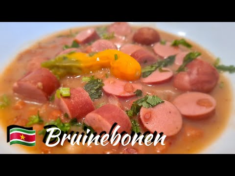 Surinaamse Bruinebonen met Knakworst recept|suriname brown beans with frankfurters recipe|